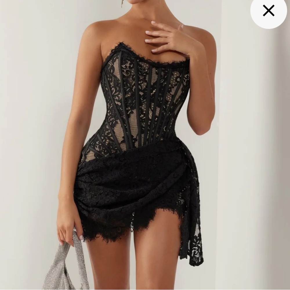 Heiress Beverly Hills BLACK LACE CORSET DRAPED MINI DRESS - XS